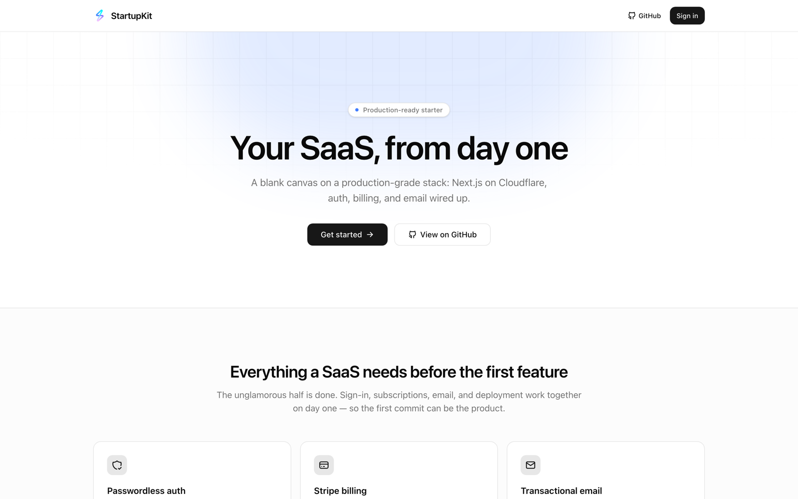 The scaffolded SaaS home page: hero, feature grid for auth, billing, and email